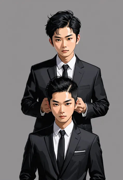 太ったmale性、black suit、black hair、short hair、asian、male、brush your hair up、simple background