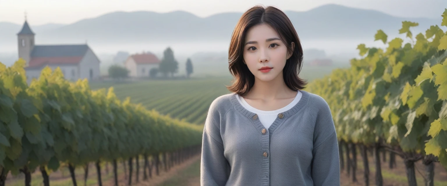 8k best picture quality, Beautiful 3 Korean woman, Chest size 34 inches, The cathedral can be seen through the early morning fog past the vineyards in the Croatian countryside., The back background is realistic and vivid image quality, short and medium hair, Wearing a sweater jacket and pants,Perfect and realistic photos, The background is realistic. Full body shot with Canon camera 16-35 wide angle lens, expressionless, There was a thick fog.