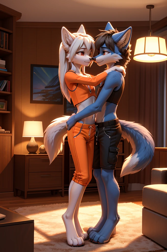 beautiful, (masterpiece), high quality, Highly detailed CG Unity 8k wallpaper, High resolution, perfect lighting, youthful, adolescent, tall, slim, skinny, frail slender figure, slim legs, medium breasts, anthropomorphic furry wolf siblings, youthful, adolescent, tall, slim, distinctly feminine sister with narrow hips, long legs, with shorter brother, thick, fluffy, volumetric neon blue fur, brown eyes, cinematic high fidelity 3D CAD Model style, sister: taller, straight white hair, bright outfit: tight cargo pants, crop top, belly dancing, brother: shorter than her, charcoal hair, shorts, hands around her hips, sniffing each other, hug, embrace, cozy living room, sunshine