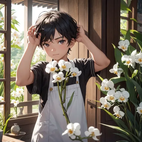 A young boy who has a slit in his forearm, and inside there are white orchid flowers, and he picked one of those flowers.
