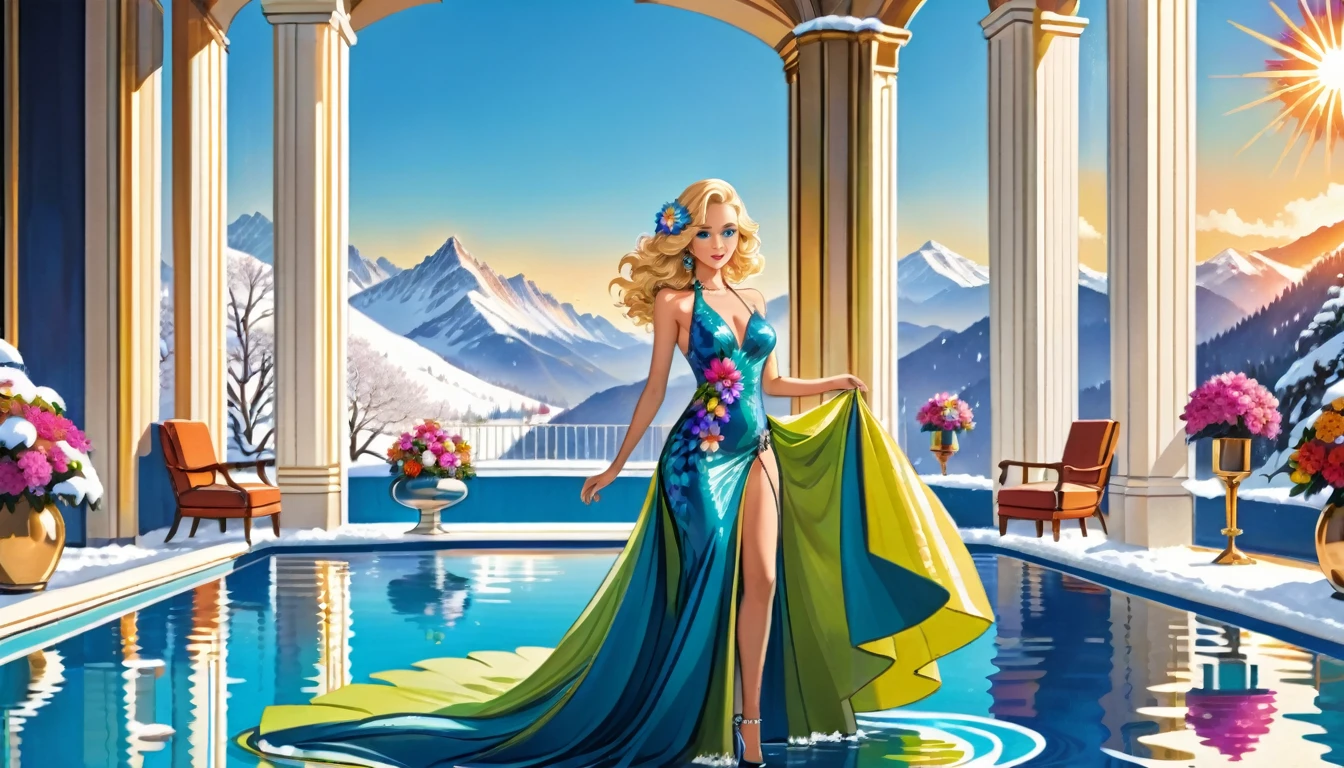 an ultra wide award winning picture of an elite glamour woman in a pool party in a high society pool on a snowy mountain, a most beautiful woman  ((anatomically correct:1.5)), blond hair, rich hair, wavy hair, deep blue eyes, wearing a bathing suit dress, intricate bathing suit, dynamic color, decorated with flowers, decorated with diamonds, sense of prestige, high class, holding a glass of wine, wearing elegant high heels, in a rich high society pool party, large infinity pool in hotel roof, in a resort on a snowy mountain, sun setting down, torches around the pool, and other party goers snow mountain in the background, chumbasket art style, flower dress