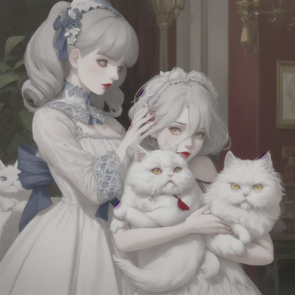 A gray-haired girl with very white skin and very red lips, wearing a white dress with blue embroidery, who is hugging a white Persian cat with black spots.