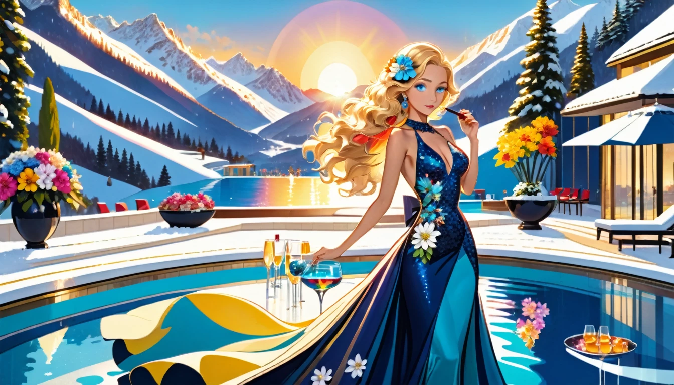 an ultra wide award winning picture of an elite glamour woman in a pool party in a high society pool on a snowy mountain, a most beautiful woman  ((anatomically correct:1.5)), blond hair, rich hair, wavy hair, deep blue eyes, wearing a bathing suit dress, intricate bathing suit, dynamic color, decorated with flowers, decorated with diamonds, sense of prestige, high class, holding a glass of wine, wearing elegant high heels, in a rich high society pool party, large infinity pool in hotel roof, in a resort on a snowy mountain, sun setting down, torches around the pool, and other party goers snow mountain in the background, chumbasket art style, flower dress