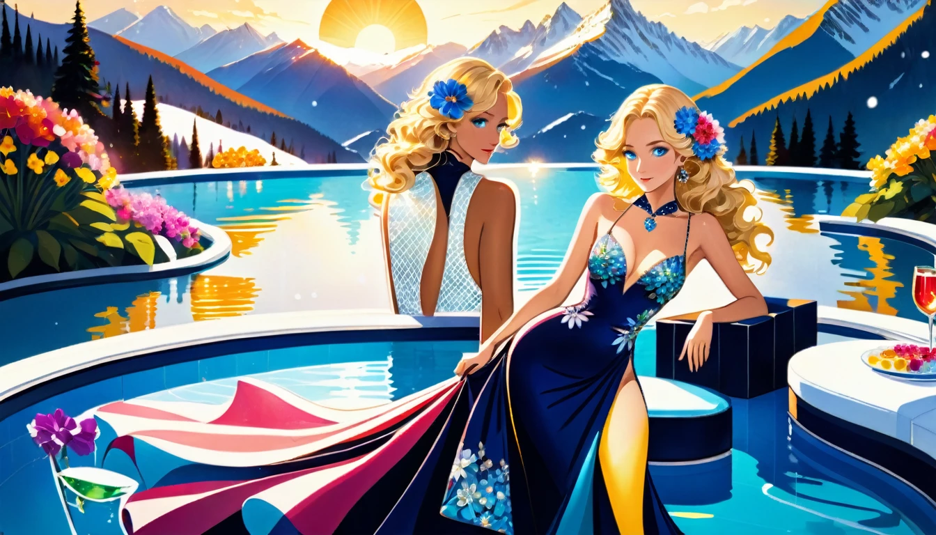 an ultra wide award winning picture of an elite glamour woman in a pool party in a high society pool on a snowy mountain, a most beautiful woman  ((anatomically correct:1.5)), blond hair, rich hair, wavy hair, deep blue eyes, wearing a bathing suit dress, intricate bathing suit, dynamic color, decorated with flowers, decorated with diamonds, sense of prestige, high class, holding a glass of wine, wearing elegant high heels, in a rich high society pool party, large infinity pool in hotel roof, in a resort on a snowy mountain, sun setting down, torches around the pool, and other party goers snow mountain in the background, chumbasket art style, flower dress