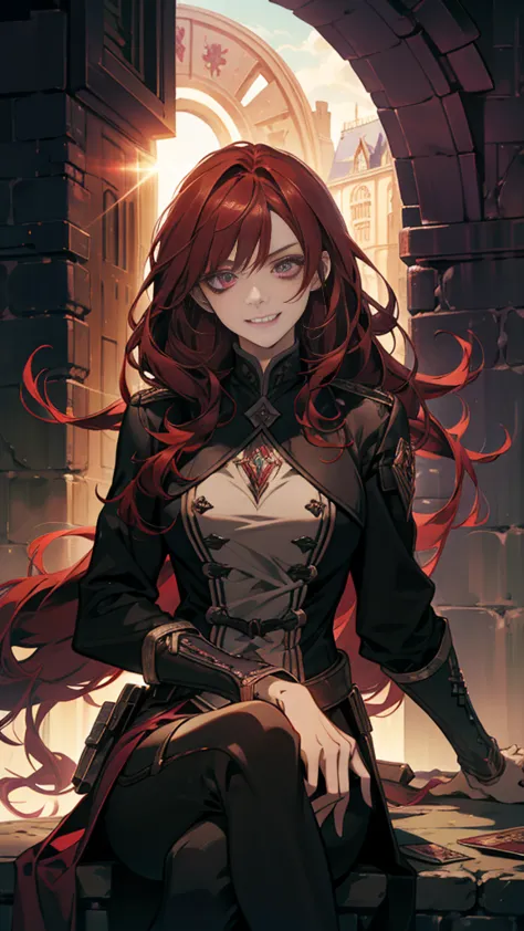 a female assasin with dark cherry red hair, purple eyes, and a menacing look along with a grin, sitting on top of a building wit...