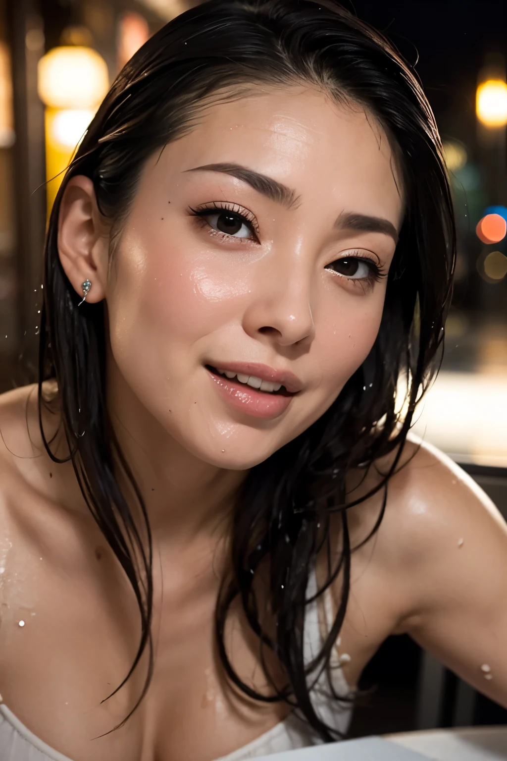 Tabletop, My whole body is wet、(Wet Skin、Wet Hair、Wet Face、Wet body:1.4)、Flowing water droplets、Award-winning photo, Very detailed, Sharp focus on the eyes, Nose and mouth,Face Focus, Woman with open mouth and closed eyes, 45 years old, Mature woman with dark hair、Symmetrical face,Realistic nostrils、Angle from below、Long, thin C-shaped nostrils BREAK Caution when browsing,Italy、restaurant,Outdoor table, Lighting that highlights sweaty skin、((Nose hook)), Skin shiny with sweat、Glowing Skin、Sweaty hair,Beautiful Japanese actresses,smile,