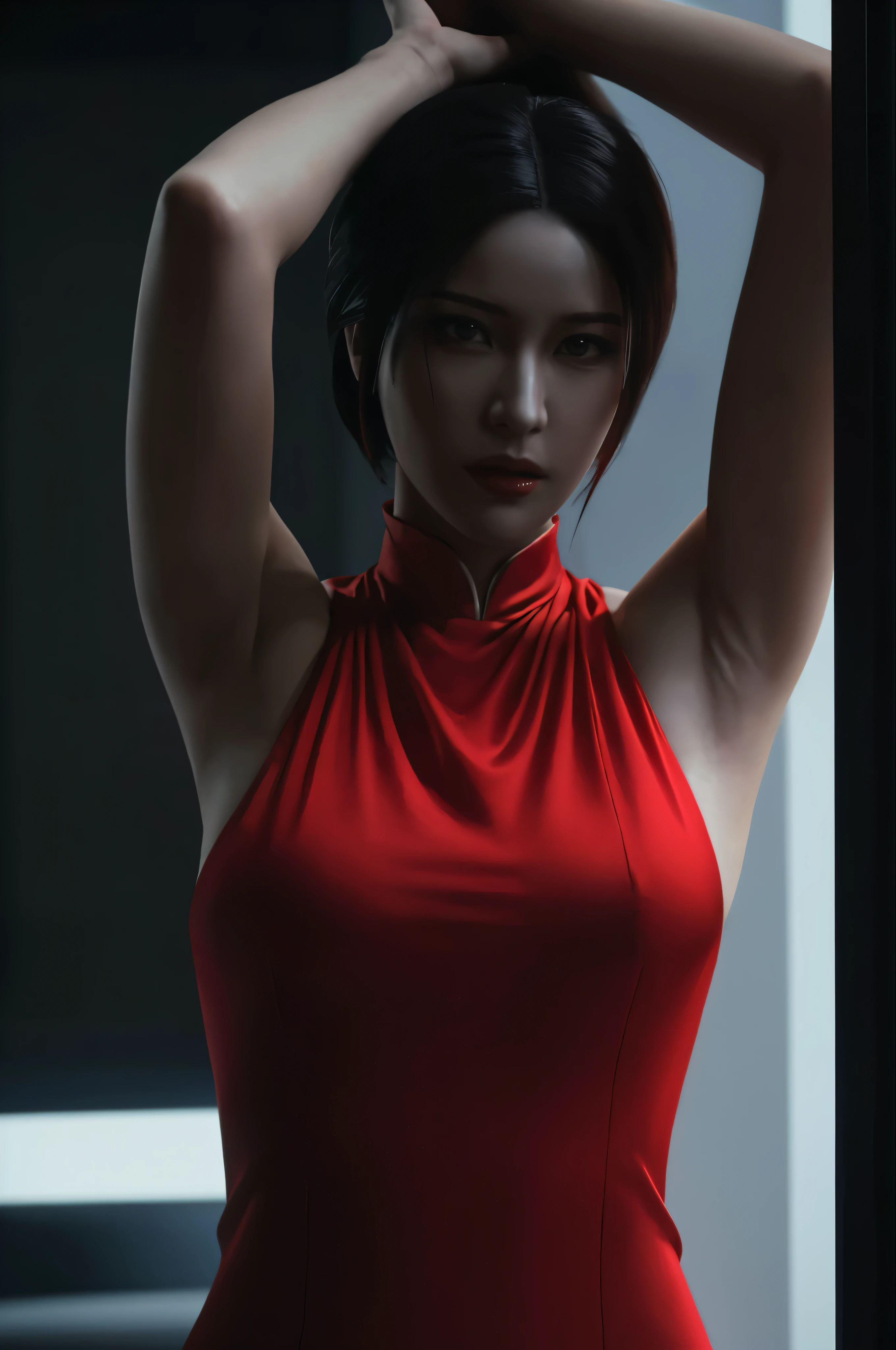 (最好的质量:1.3), 电影镜头, 杰作, (清晰聚焦:1.5), (真实感:1.3), 艾达·王是《生化危机》系列游戏中的一个著名角色. 她以神秘莫测的性格而闻名. 她凭借引人注目的外表, Ada 经常穿红色旗袍, 这是中国传统服饰. 她的黑头发, 专注的目光, 对高跟鞋的偏爱使她看起来更加迷人和标志性.

Ada 的特点是聪明, 足智多谋, 和战斗技能. 她擅长使用枪械, 近战武器, 和小工具, 让她成为一名多才多艺的战士. 在整个系列中, 她经常被视为一个独立而又神秘的人, 被自己的动机驱使. 她与其他角色的互动通常带有一种模棱两可和隐藏的目的.

艾达在该系列中的参与通常围绕间谍活动展开, 揭露阴谋, 并应对生物危害爆发. 她与其他角色的复杂关系, 例如 Leon S. 肯尼迪, 增加游戏剧情的吸引力和戏剧性. 全面的, Ada Wong 的多面性格, 迷人的外观, 生化危机系列中的中心角色使她成为一个令人难忘的标志性游戏角色, (高度细致的皮肤),  (细致的脸部), 详细背景, 电影灯光, 戏剧灯光, 体积照明,  复杂的细节, 超高清,