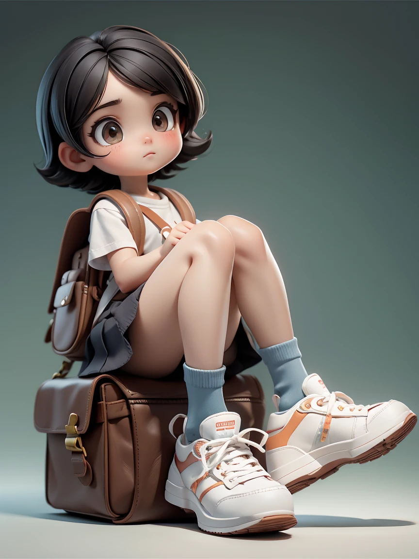 Big question mark,0girl,Masterpiece, Highest quality, 16K, raw photo, High resolution, high resolution, Realistic, 1 girl, whole body, street, Detailed face, Cute face, Baby Face, Bob, Black Hair, short hair, mini skirt, Short socks, sneakers, rucksack, firm calf, (super low angle from below:1.5),  (White panties),Symmetrical feet