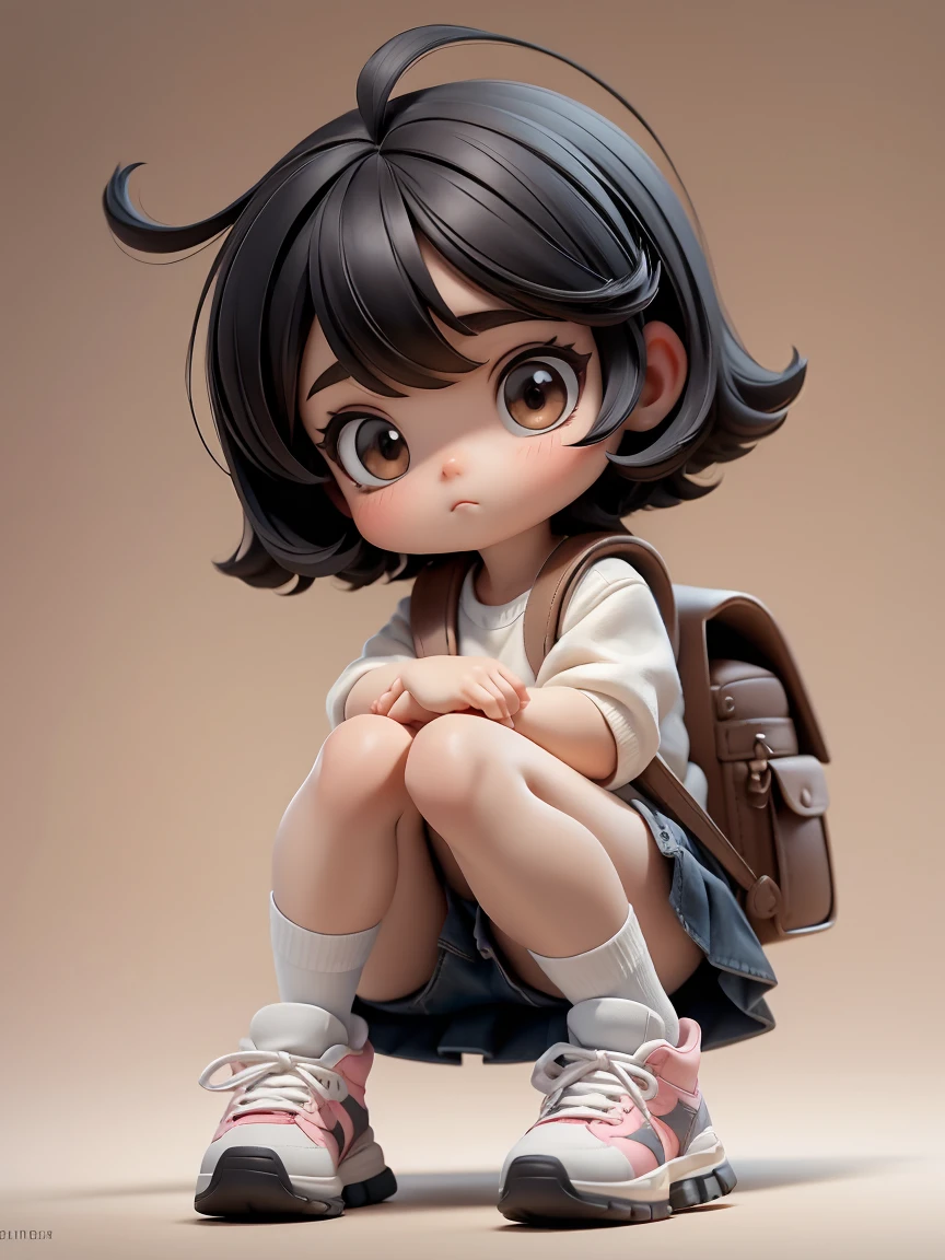 Big question mark,0girl,Masterpiece, Highest quality, 16K, raw photo, High resolution, high resolution, Realistic, 1 girl, whole body, street, Detailed face, Cute face, Baby Face, Bob, Black Hair, short hair, mini skirt, Short socks, sneakers, rucksack, firm calf, (super low angle from below:1.5),  (White panties),Symmetrical feet