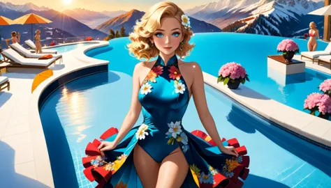 an ultra wide award winning picture of an elite glamour woman in a pool party in a high society pool on a snowy mountain, a most...