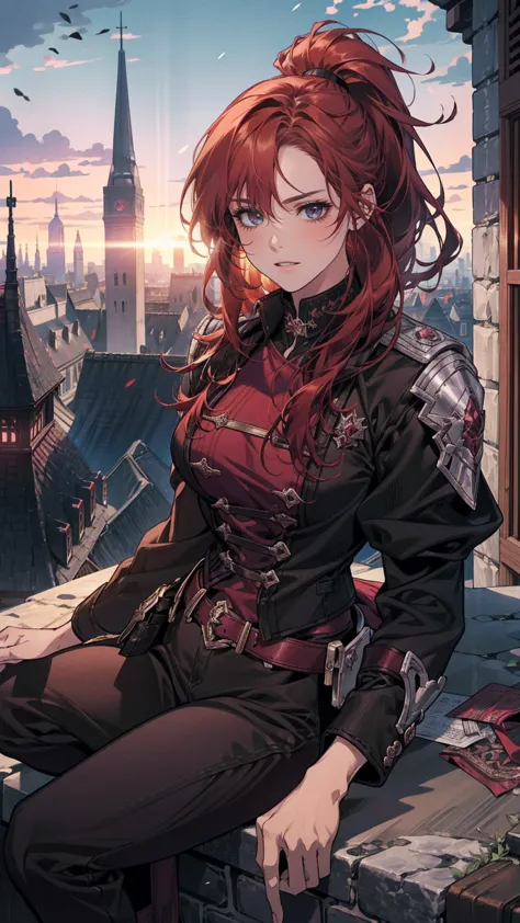 a female assasin with dark cherry red hair, purple eyes, and a menacing look along with a grin, sitting on top of a building wit...