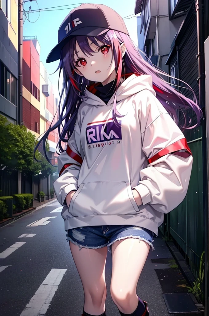 yuukikonno, Konno Yuuki,  Long Hair, Pointed Ears, Purple Hair, (Red eyes:1.5), (Small breasts:1.2), Open your mouth,Baseball hats,Oversized purple hoodie,jeans,Thick hem,boots,Walking,Graffiti wall,Daytime,Clear skies,Both hands are in the pockets of the hoodie、whole bodyがイラストに入るように,
break looking at viewer, whole body,
break outdoors, Alley,
break (masterpiece:1.2), Highest quality, High resolution, unity 8k wallpaper, (figure:0.8), (Beautiful attention to detail:1.6), Highly detailed face, Perfect lighting, Highly detailed CG, (Perfect hands, Perfect Anatomy),