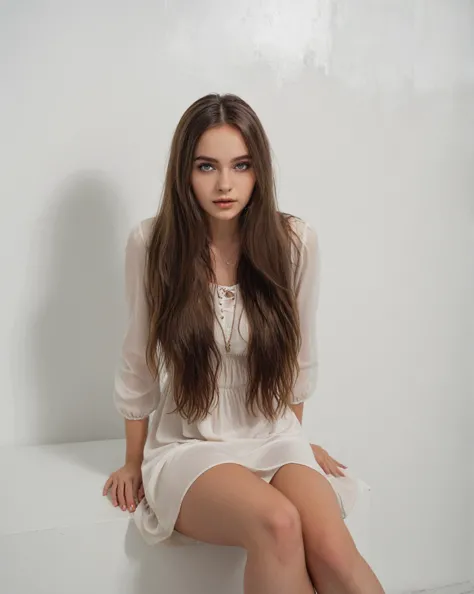 arafed woman sitting on a white surface wearing a white dress., with long hair, anna nikonova aka newmilky, pose casual, solo ph...