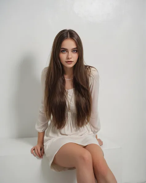 arafed woman sitting on a white surface wearing a white dress., with long hair, anna nikonova aka newmilky, pose casual, solo ph...