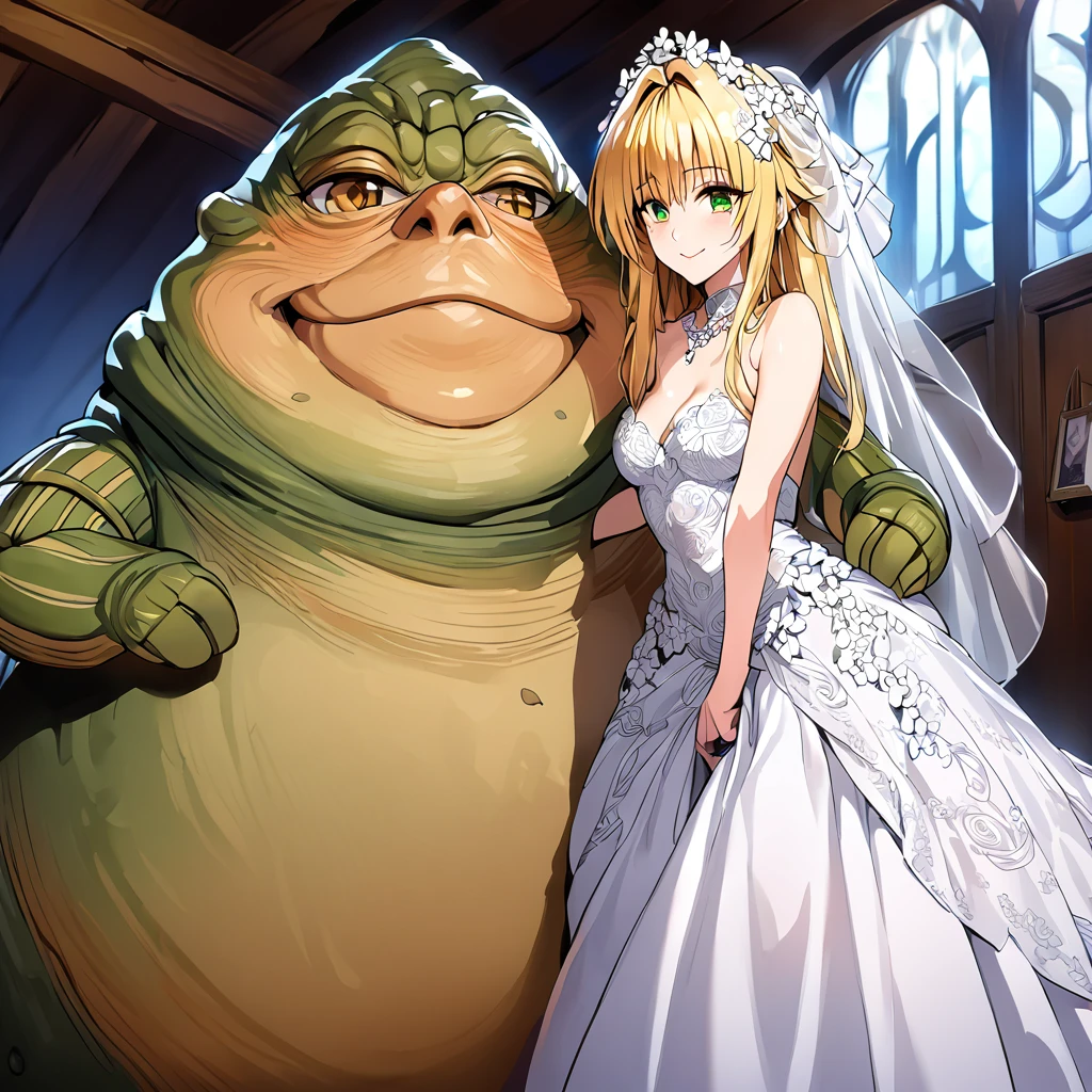 ((Highest quality)), ((masterpiece)), (detailed), （Perfect Face）、The woman is Tiare, with green eyes, medium-length blonde hair, an iron collar, and is wearing a gorgeous, jeweled vintage wedding dress and a vintage wedding veil. The woman is standing next to Jabba the Hutt at his hideout for the wedding.、Jabba the Hutt is holding a woman in his arms and having a wedding、The woman loves Jabba the Hutt and looks at him with a gentle smile.