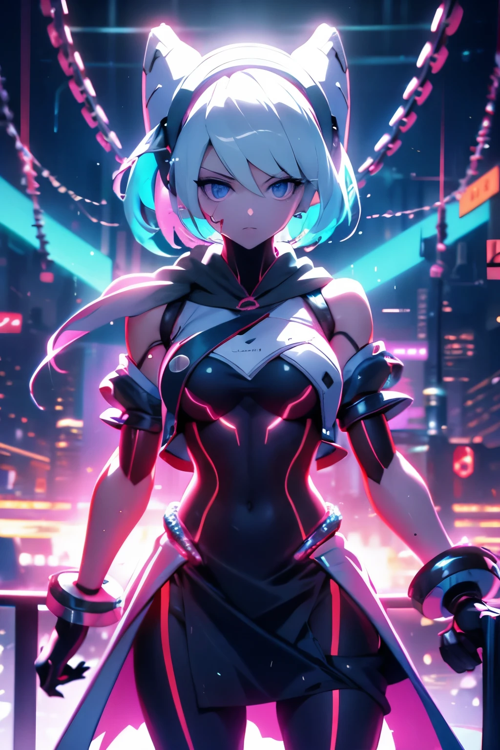 Android Girl,white hair,short and messy hair, purple neon eyes, Holding a chain whip,chains on the hands,chains action, chains around her arm, very cute, skirt, white blouse, cyberpunk style, eletronic gloves, mecanic parts, eletronic details,living room background.HD lighting and dark )(epic image quality) dark atmosphere with bright particle light(many effects in background), dinamic shot, robot, neon tweaks, cyberpunk theme