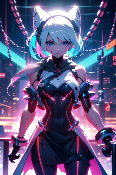 android girl,white hair,short and messy hair, purple neon eyes, holding a chain whip,chains on the hands,chains action, chains a...