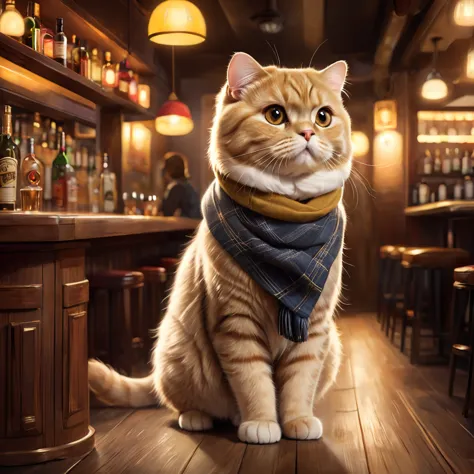 A golden Scottish Fold cat dressed in casual clothes walking into a cozy bar with a warm, inviting atmosphere.