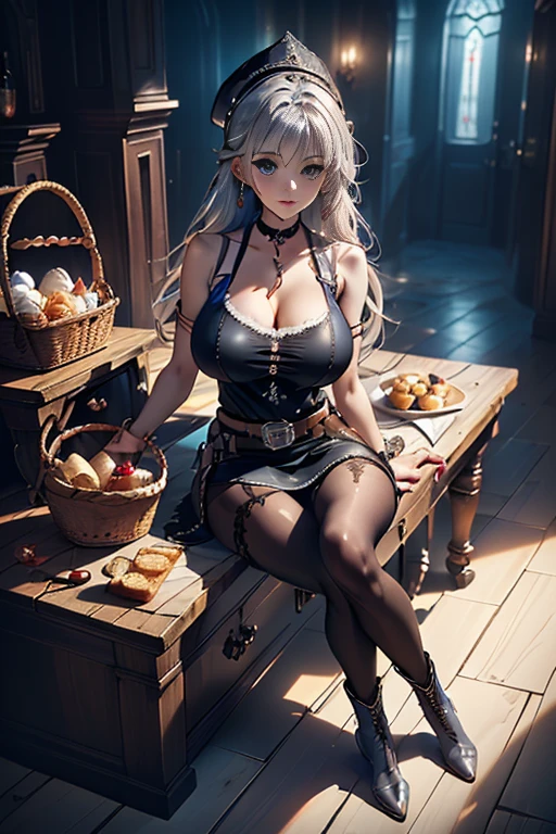 (perky chest:1.2), (pointed chest:1.2),(icecream magazine cover:1.3),(from above:1.2),(shoot from the side:1.1),(((Black Tunic:1.3))),(((cakes and bread in the basket),a 23yo Cute and beautiful girl,masterpiece、highest quality、Very detailed、Beautiful fine details、Detailed landscape、Braided Ponytail、Red camisole、((B cup breasts, Tank top showing underboob:1.0)), thigh strap, bangs, necktie, earrings, nail polish, fishnet pantyhose, silver hair, looking at viewer, full body, bottle, own hands together, belt, food, ring, choker, english text paper:1.2, collared shirt, blue eyes, hat,lace-up boots , 