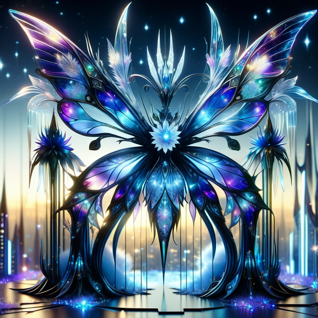 Superb masterpiece, dynamic, Great quality, Blue-purple midnight fairy, Small humanoid, Delicate and elegant appearance, Transparent iridescent wings, Pointy Ears, A playful and mischievous look, Nature-inspired clothing, Magic Accessories, nature, charity, Electrochromic Smart Glass Window Atlantis,A-Frame City,A fantasy flower in love,Sundog, very,Sparkling,Entertainment Center DonMFr0stP4nkXL, ice, snow, Frosted DonMT3chW0rldXL FrostedStyle