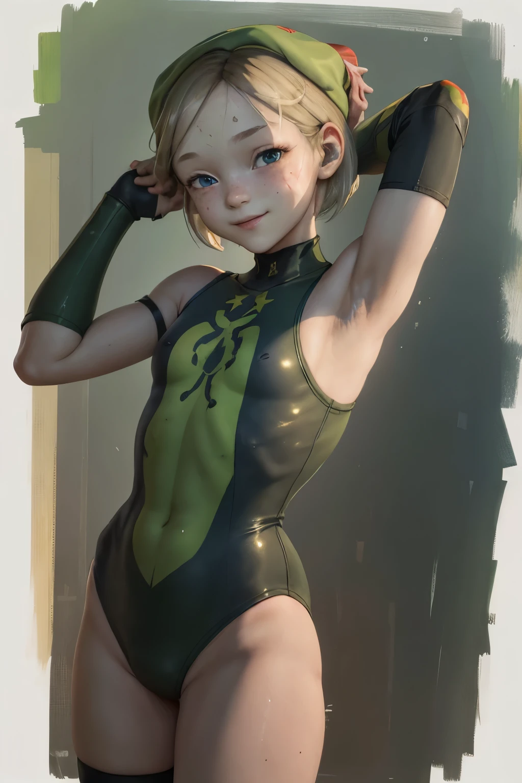 masterpiece , best quality, highres , sarah Miller ,12 years old , 1girl, (Cammy white ) ,  blonde hair ,smug smile  , red beret, (green  Head Outfit:1.3), blue eyes, scar on cheek, green leotard, flat chest , sleeveless,  gloves  , Standing, sexy .