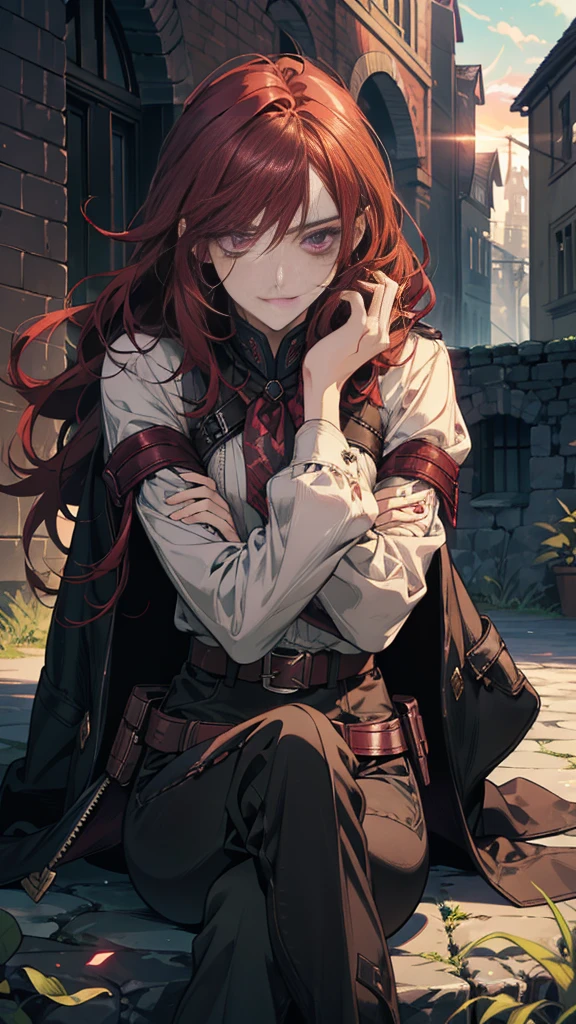 A female assasin with dark cherry red hair, purple eyes, and a menacing look along with a grin, hair is short and is really messy, has dark circles under her eyes, she has knives on her belts, and wears pants, sitting outside on top of a building with the sunsent light behing her, getting dark
