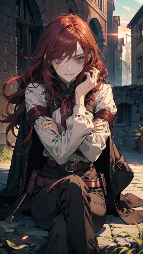 a female assasin with dark cherry red hair, purple eyes, and a menacing look along with a grin, hair is short and is really mess...