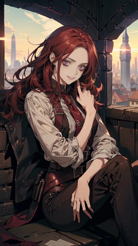 A female assasin with dark cherry red hair, purple eyes, and a menacing look along with a grin, hair is short and is really messy, has dark circles under her eyes, she has knives on her belts, and wears pants, sitting outside on top of a building with the sunsent light behing her, getting dark
