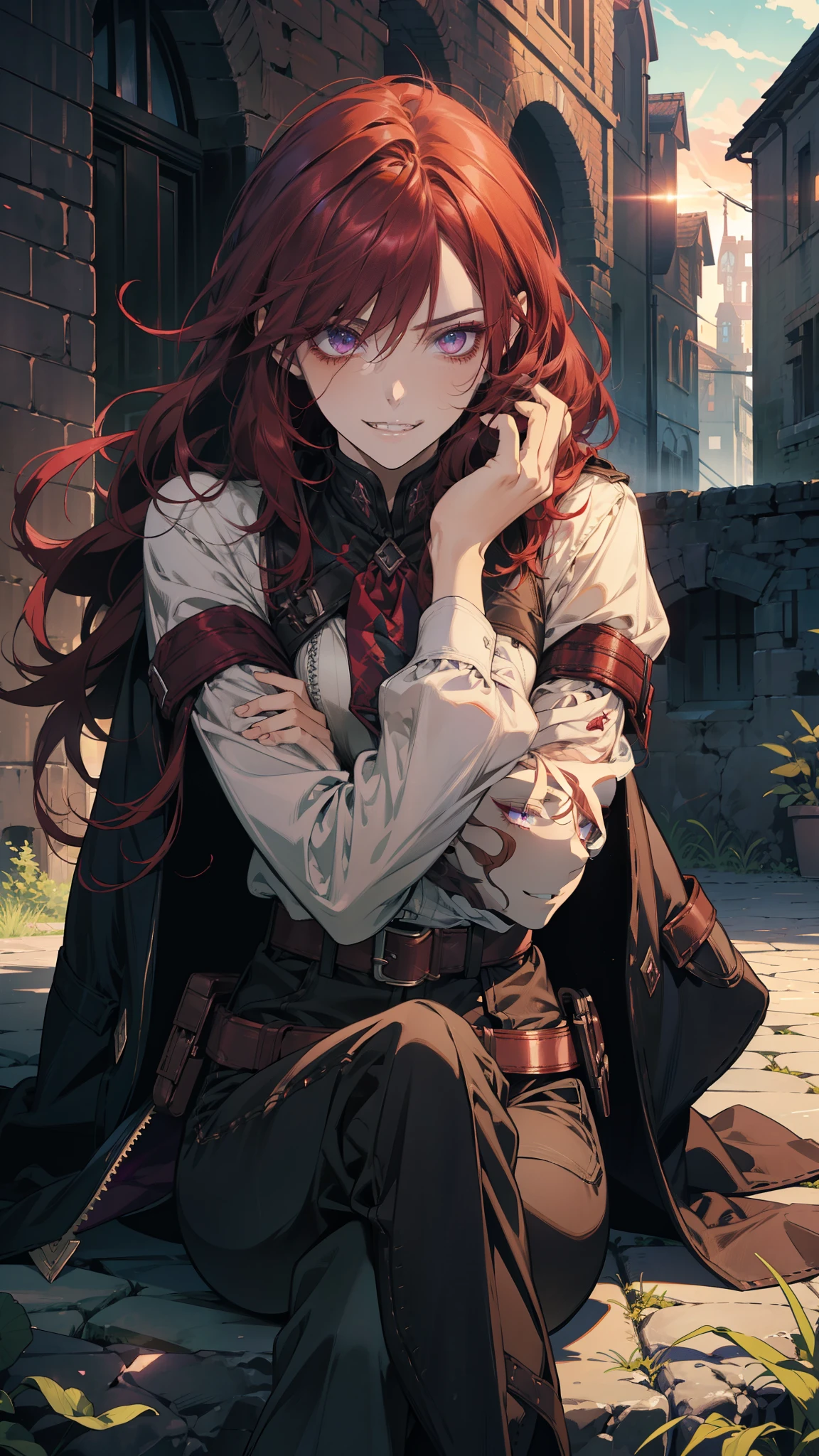 A female assasin with dark cherry red hair, purple eyes, and a menacing look along with a grin, hair is short and is really messy, has dark circles under her eyes, she has knives on her belts, and wears pants, sitting outside on top of a building with the sunsent light behing her, getting dark
