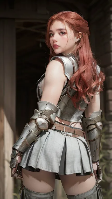 ((a red-haired warrior, from behind, wearing a skirt corta en su trasero, showing her butt, shot from below, use plate armor, st...