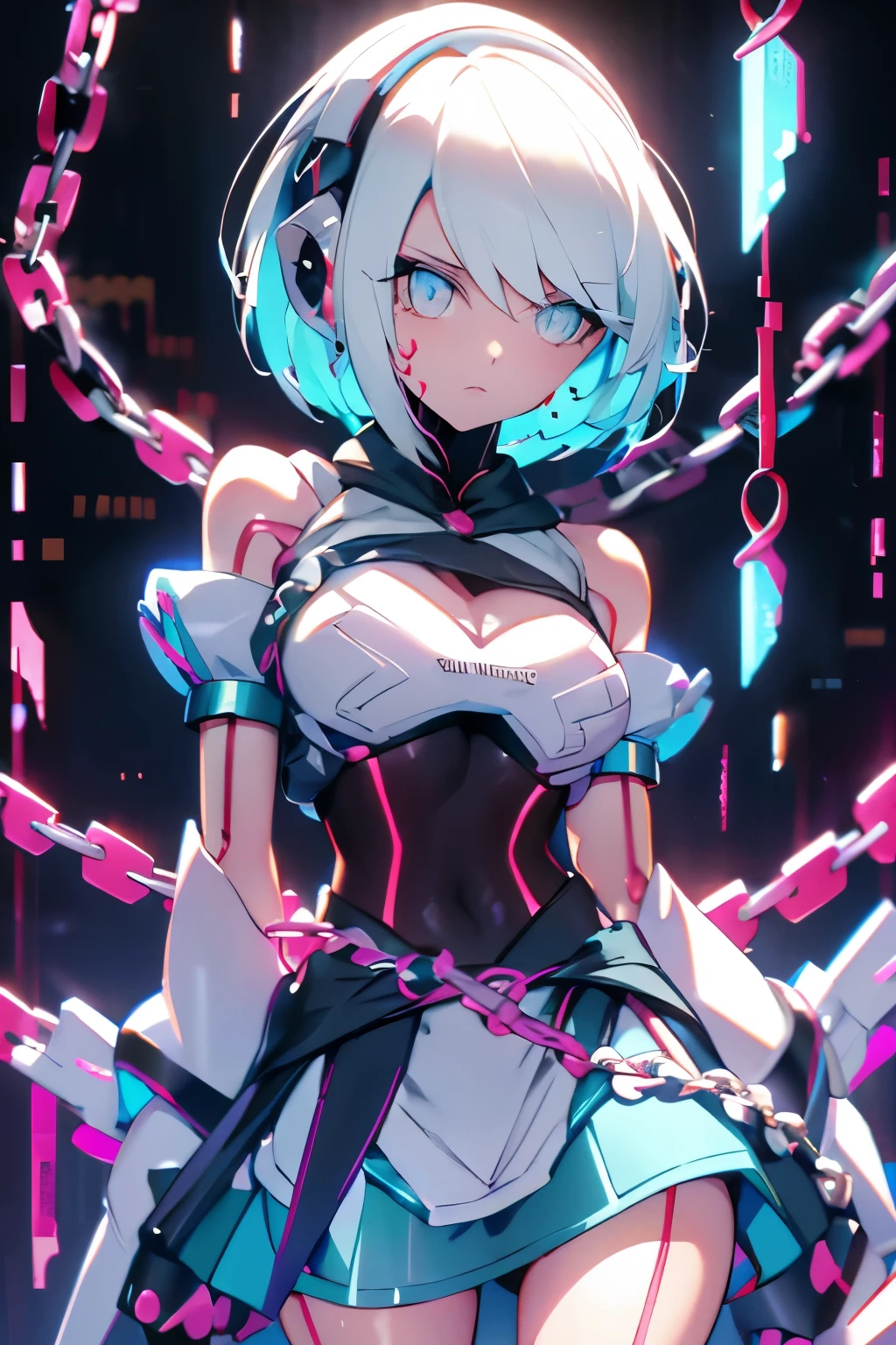 Android Girl,white hair, short and messy hair, purple neon eyes, Holding a chain whip,chains on the hands, chains around her arm, very cute, skirt, white blouse, blanck background 