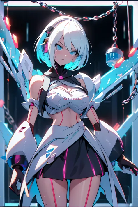 android girl,white hair, short and messy hair, purple neon eyes, holding a chain whip,chains on the hands, chains around her arm...