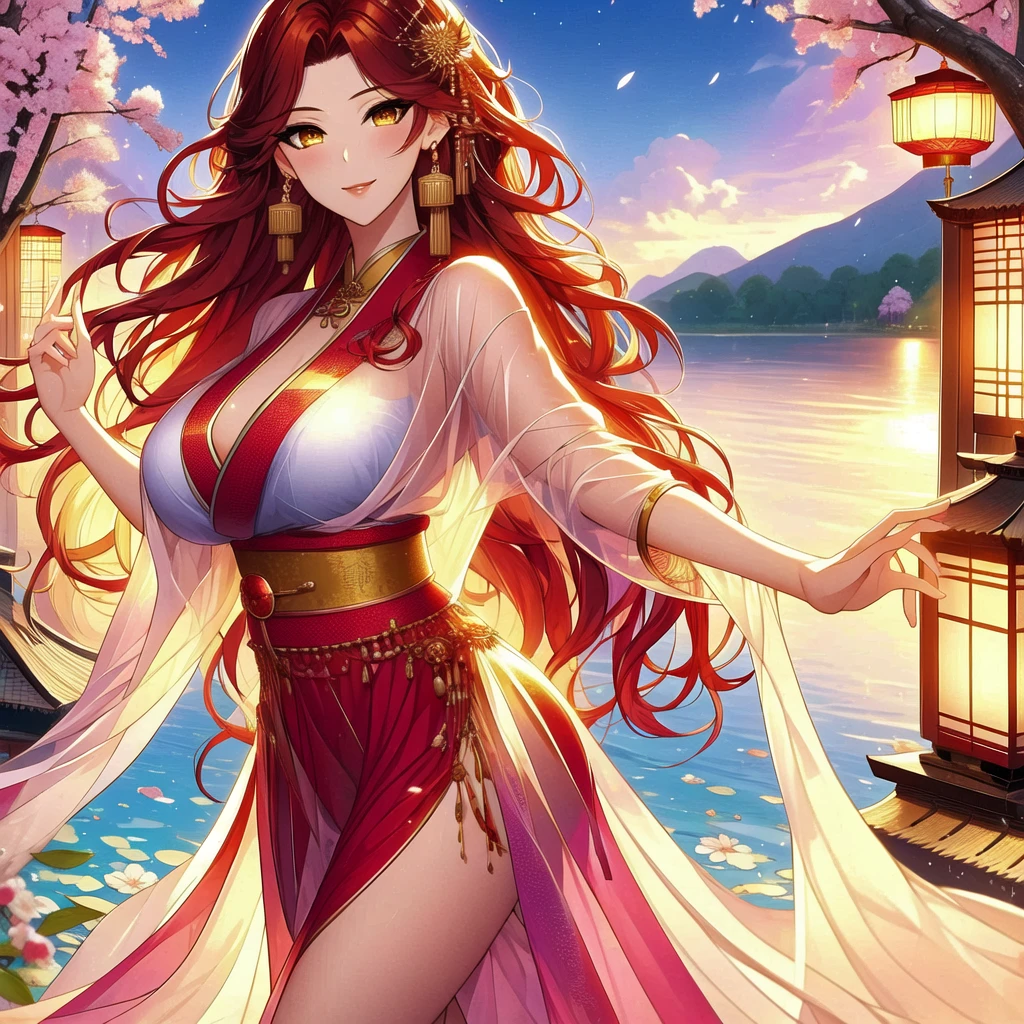 (masterpiece, best quality: 1.2), 1 female, solo, dancing alone, Xian Mei, beautiful golden eyes, long red curly hair, detailed face, beautiful face, jewelry, perfect anatomy, perfect body, traditional pink-purple belly dance dress, medieval china, sexy, hot, big breasts, beautiful breasts, beautiful background, belly dance, dance, beautiful dance, mountains in the background, Japanese cherry trees, daytime, sharp image, clear image, HD resolution, quality,