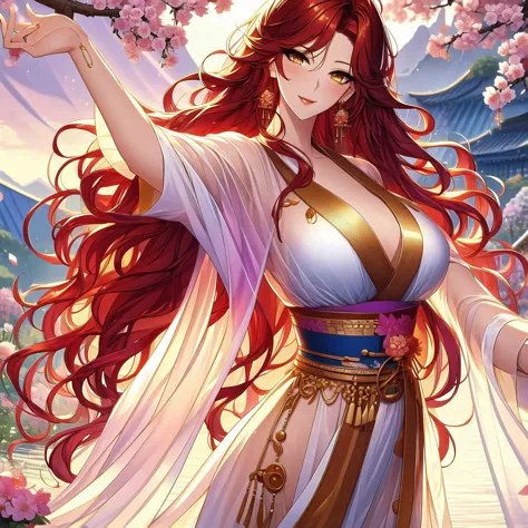 (masterpiece, best quality: 1.2), 1 female, solo, dancing alone, xian mei, beautiful golden eyes, long red curly hair, detailed ...