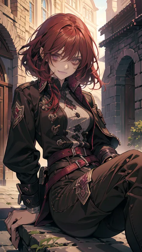 a female assasin with dark cherry red hair, purple eyes, and a menacing look along with a grin, hair is really short and is real...