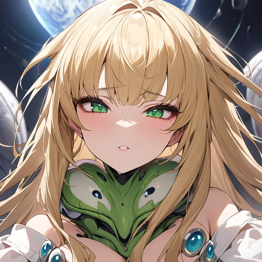 ((Highest quality)), ((masterpiece)), (detailed), （Perfect Face）、The woman is Tiare, a beautiful female alien with green eyes and medium-long blonde hair, whose body has been transformed into that of a deformed alien, and who lives with fellow aliens in an alien planet&#39;s nest.