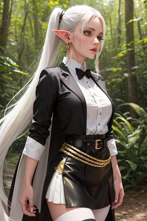 a female elf with green eyes and long white hair tied into two pigtails, wearing a black and white striped shirt, a white jacket with gold embellishments tucked into a matching skirt with a black belt, a short white and gold cape with a high collar, black pantyhose, and brown boots, with a pair of gold and red earrings, in a forest outdoor environment,(best quality,4k,8k,highres,masterpiece:1.2),ultra-detailed,(realistic,photorealistic,photo-realistic:1.37),extremely detailed face,eyes,lips,nose,high quality,anatomically perfect,twintails,earrings,white cape,striped shirt,white skirt,long sleeves,belt,holding employees,Freeze:Beyond the end of the journey