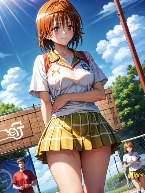 an image of a high school girl volleyball player in summer uniform, with short boyish hair and flashy makeup.