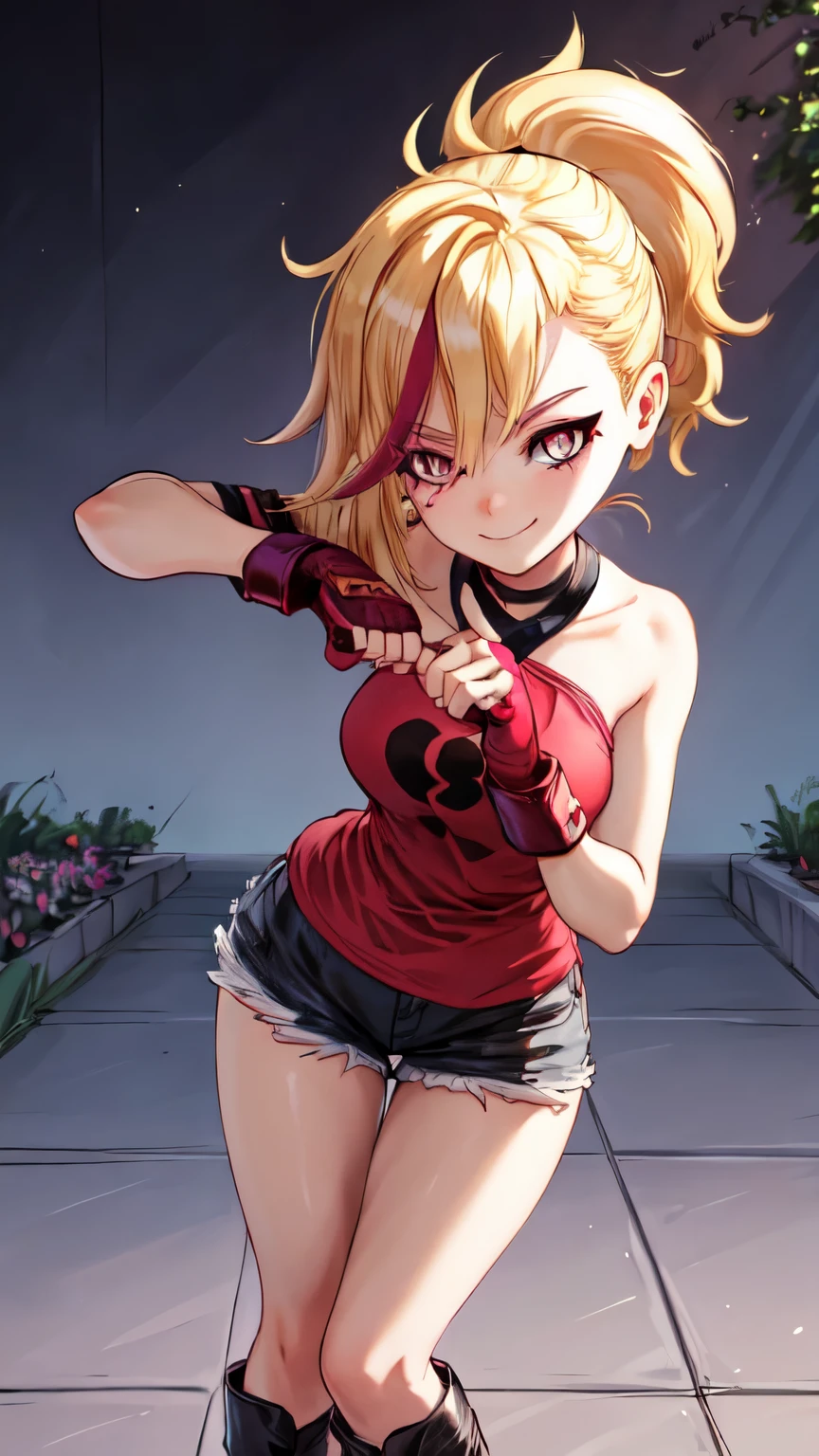 (best quality:1.2),solo,1girl,mdrin,smile,looking at viewer,lovely pose, ponytail,v-shaped eyebrows,red shirt, fingerless gloves,black shorts , garden background, warm color tones,soft lighting, Hair over one eye, ultra long hair, standing on hooftop, long boots, long ponytail, blonde 