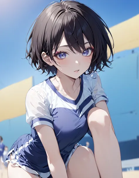 An image of a high school girl volleyball player in summer uniform, with short boyish hair and flashy makeup.