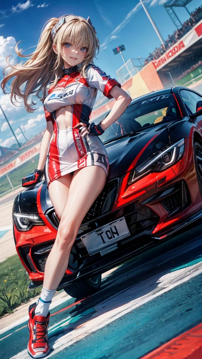 One Woman　Race Queen　Posing for the camera in front of a sports car　High leg　Low - Angle　Cute smile