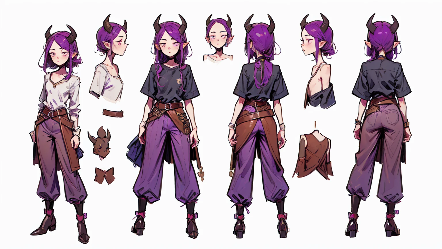 (Masterpiece, best quality), detailed, 1girl, ((character concept art)), ((character design sheet, same character, front, side, back)), many items, (Tiefling Girl, purple hair, purple skin, purple horns, flat chest, in a shirt and pants with a belt, medieval clothing, stands tall