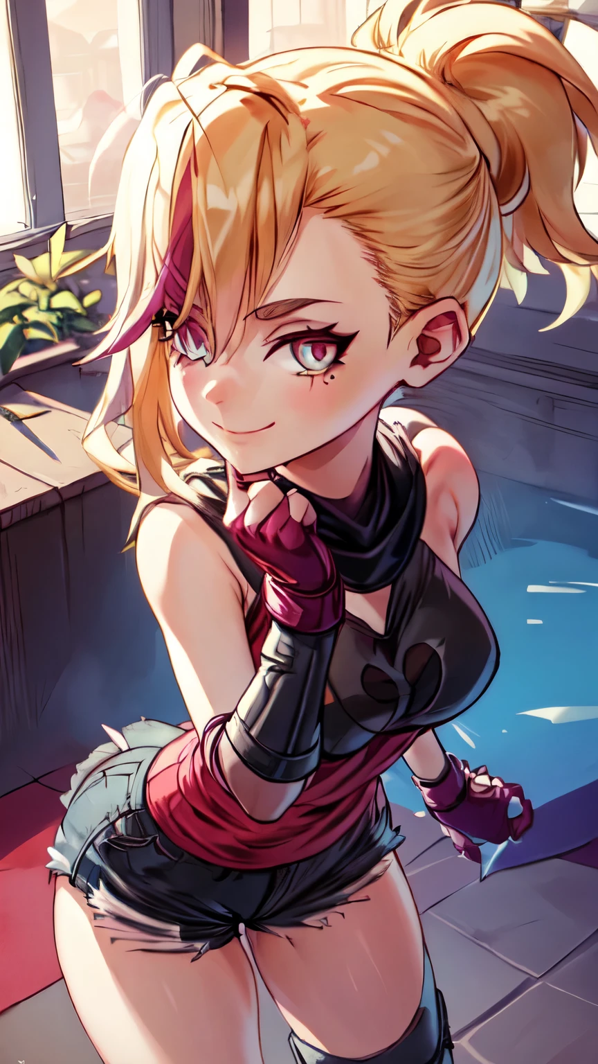 (best quality:1.2),solo,1girl,mdrin,smile,looking at viewer,lovely pose, ponytail,v-shaped eyebrows,red shirt, fingerless gloves,black shorts , garden background, warm color tones,soft lighting, Hair over one eye, ultra long hair, standing on hooftop, long boots, long ponytail, blonde 