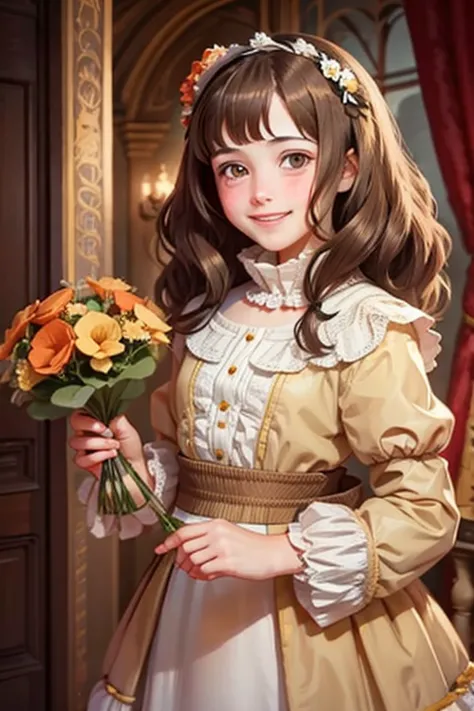 a girl with brown hair, smiling with her eyes, with a buquet of flowers, renaissance era, 13 years old