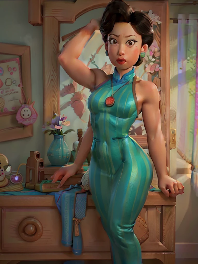 1girl, solo, jolyne, green eyes, lips, closed mouth, looking at viewer, halterneck, pants, simple background, cowboy shot, (contrapposto), short hair, thick thighs, arms behind head, bare arms, sleeveless
