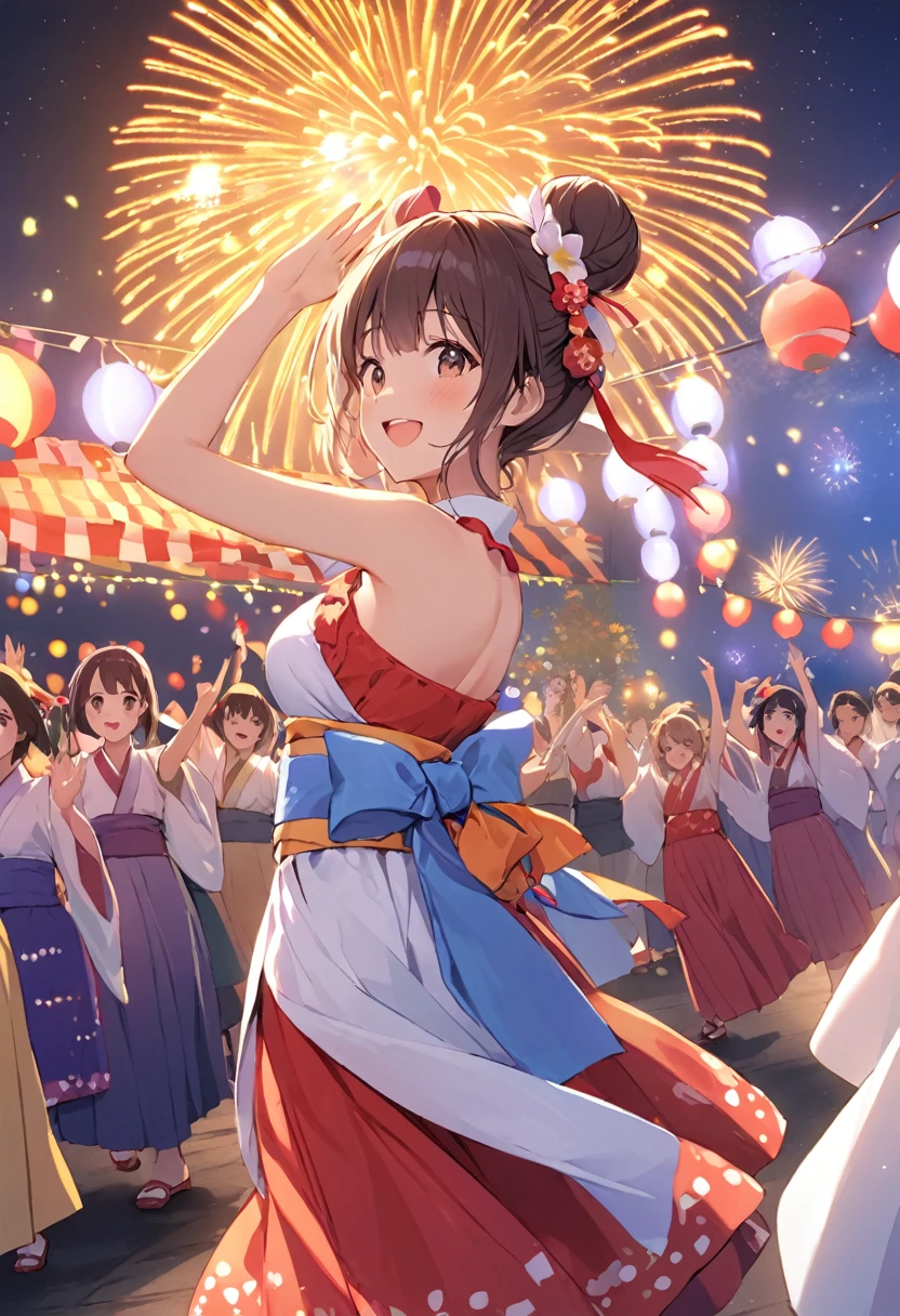 Highest quality、High resolution、Detailed Background、Teenage beauty、Detailed face、cuteカラーの髪色、Bun Hair、Perfect body line、(Bon Odori venueでdancing lively少女:1.5)、(Dancing with hands up high:1.5)、night、Festivals、Bon Odori venue、A big smile、cute柄の浴衣、dancing lively、Waving your hands back and forth、Waving your hands left and right、Coordinated hand and foot movements、Traditional Japanese summer festivals、盆踊りはnightに行われるため提灯やランタンが灯りを灯し幻想的な雰囲気を醸し出します、cute