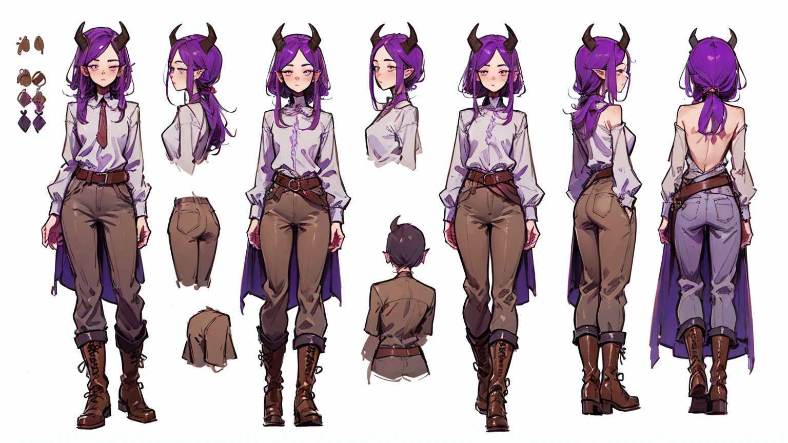 (Masterpiece, best quality), detailed, 1girl, ((character concept art)), ((character design sheet, same character, front, side, back)), many items, (Tiefling Girl, purple hair, purple skin, purple horns, flat chest, in a white linen shirt and gray-brown pants with a belt, leather boots, medieval clothing, stands tall