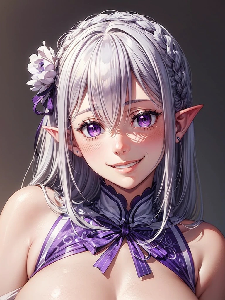 detailed face, (purple eyes), long eyelashes, realistic skin,pointy ears,(shy smile:1.5)