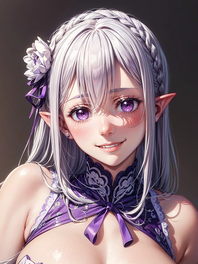 detailed face, (purple eyes), long eyelashes, realistic skin,pointy ears,(shy smile:1.5)