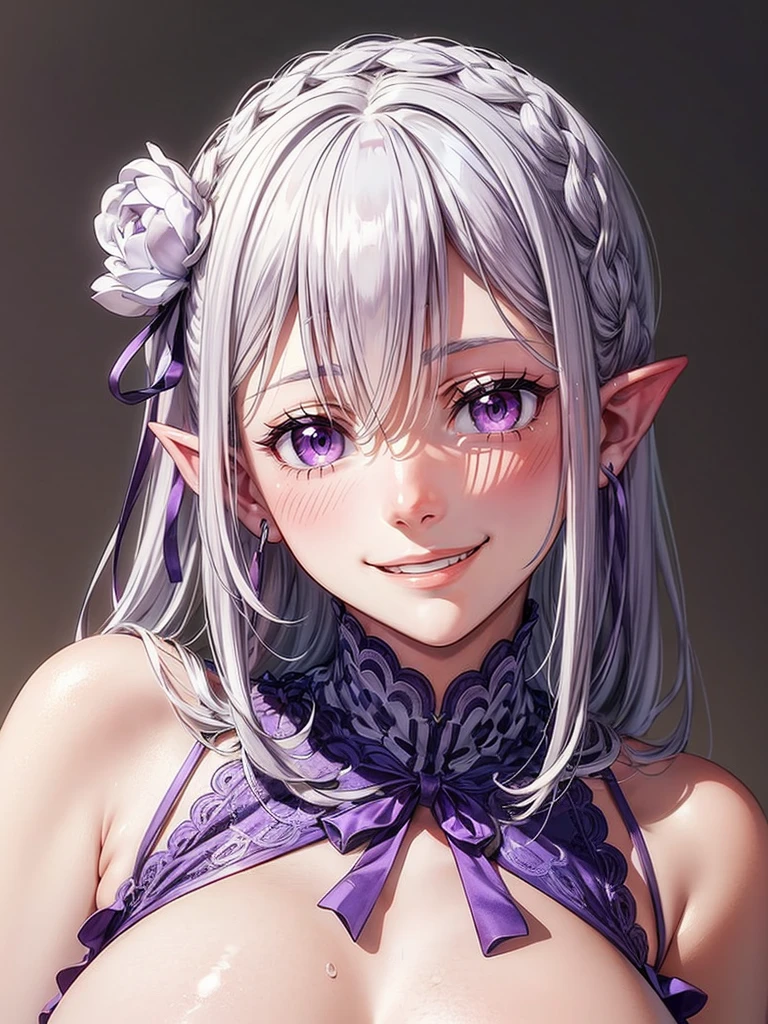 detailed face, (purple eyes), long eyelashes, realistic skin,pointy ears,(shy smile:1.5)